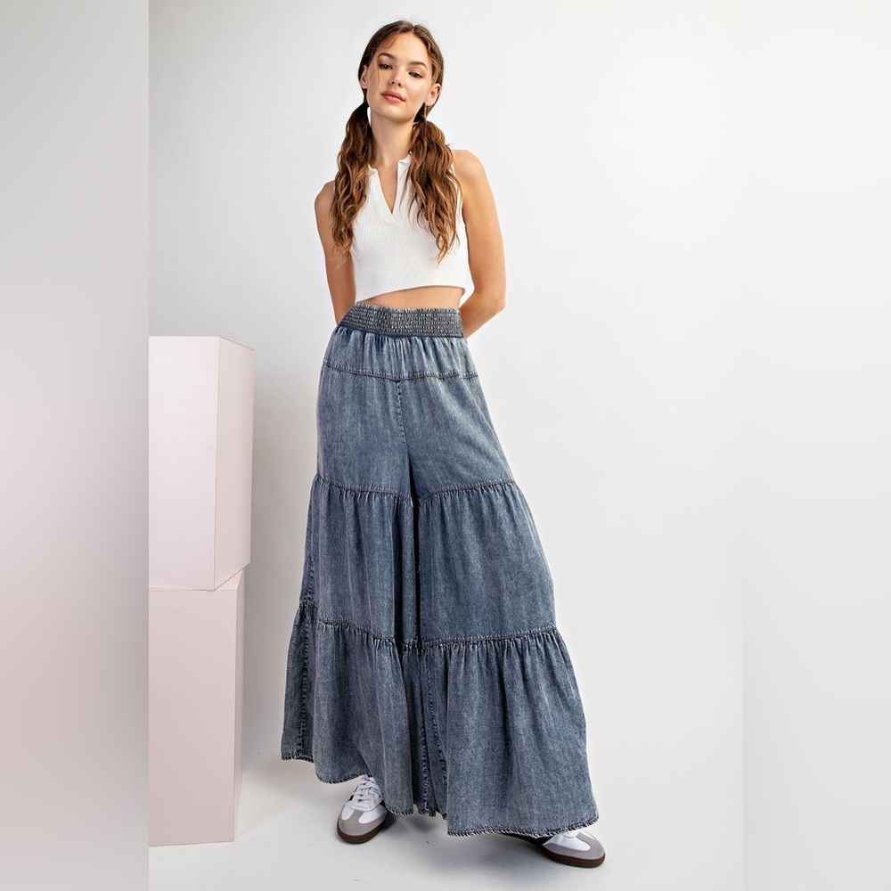 Snow Washed Denim Tiered Wide Leg Palazzo Pants - eesome